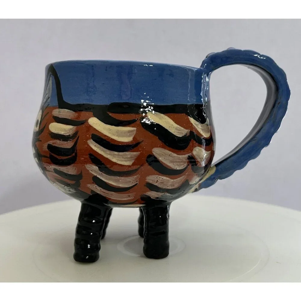 Handmade Pottery Cat Mug Sculpted Legs & Handle Blue Brown Black Whimsical Fun - Picture 2 of 9